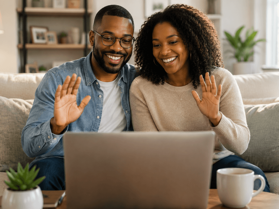 Professional African American couple sitting on couch for virtual couples therapy session