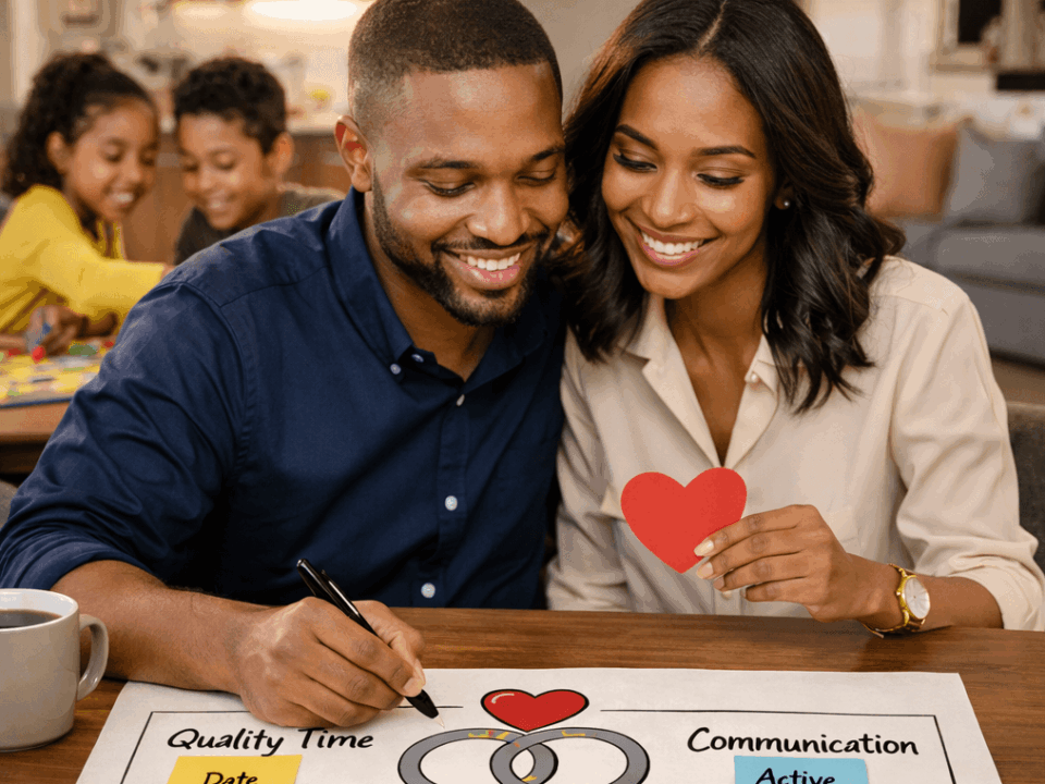 Married professional couple with children, smiling and playing games