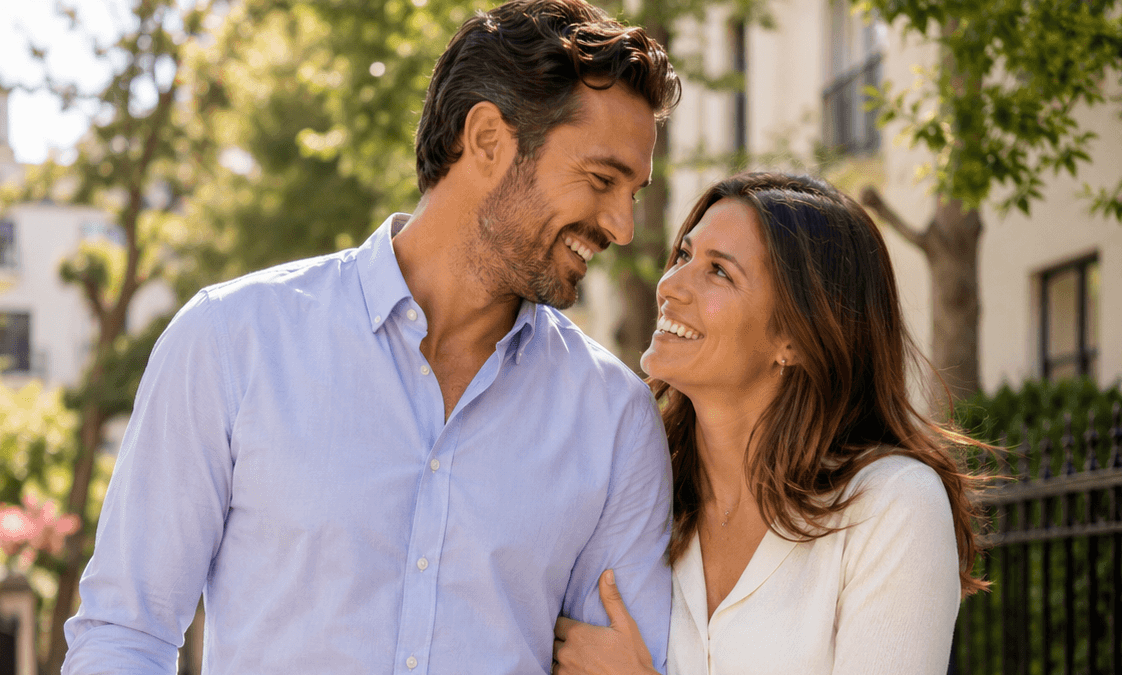 married couple waking outside smiling and looking in love