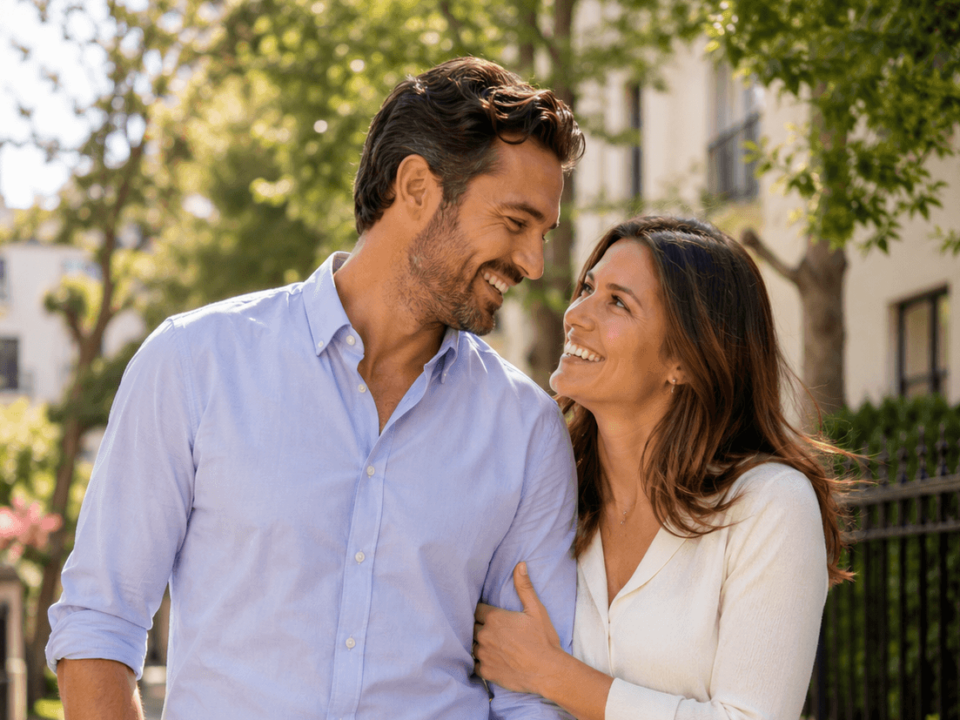 married couple waking outside smiling and looking in love