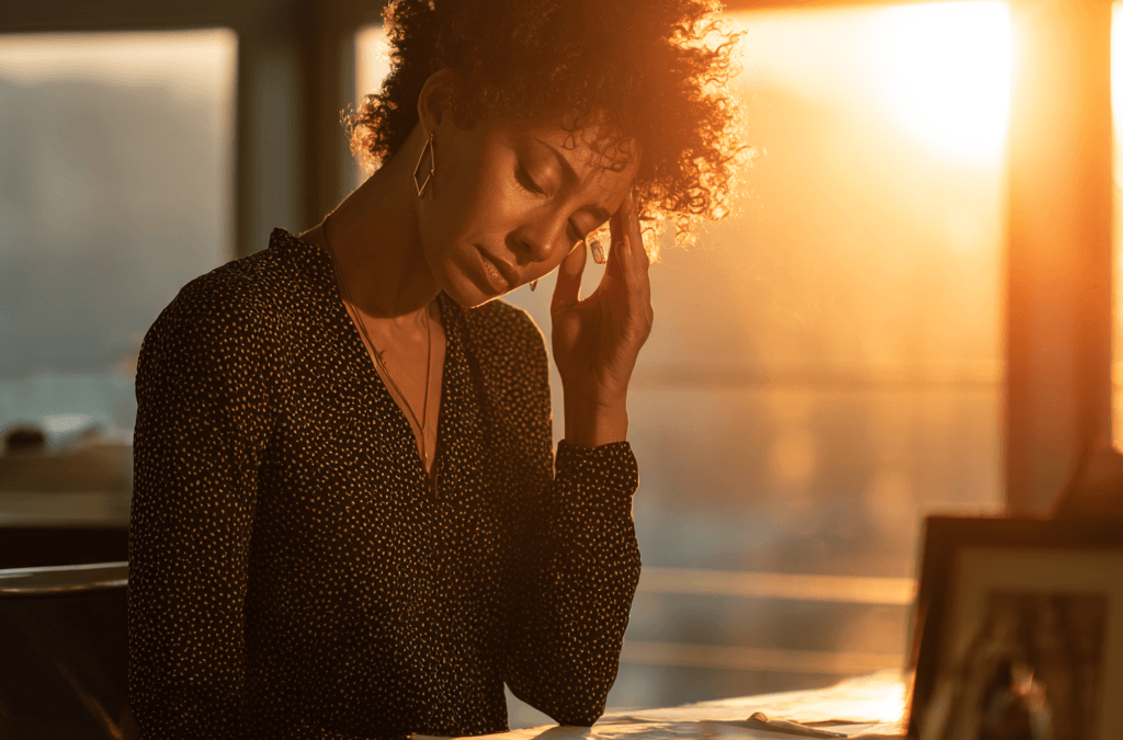 Exhausted Black professional woman sitting at a cluttered desk at sunset, rubbing her temple in burnout