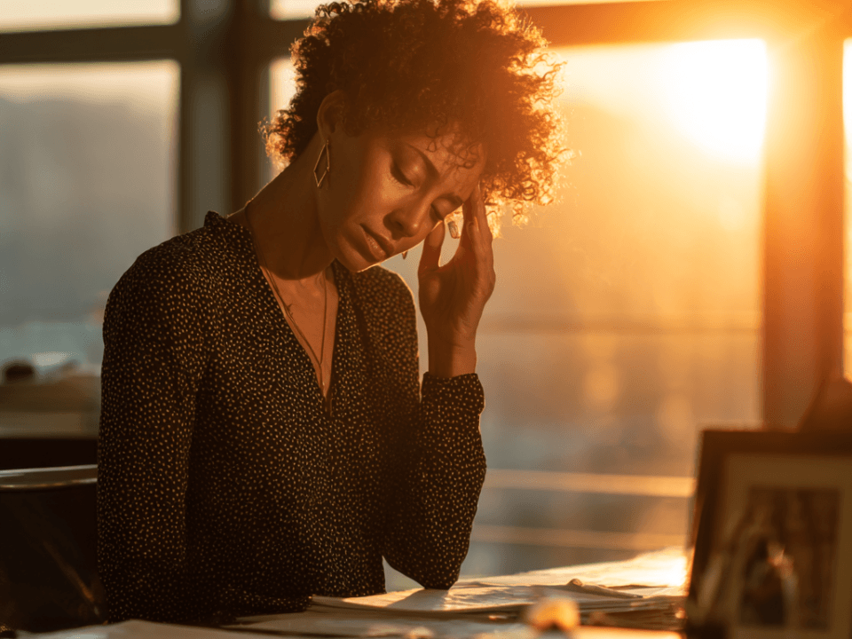 Exhausted Black professional woman sitting at a cluttered desk at sunset, rubbing her temple in burnout